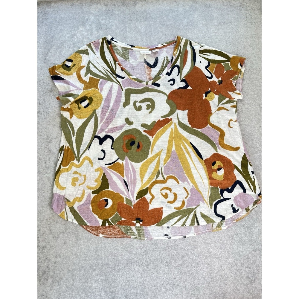 Rachel Zoe 100% Linen Floral Short‎ Sleeve Casual Top Blouse Multicolor Size 1X